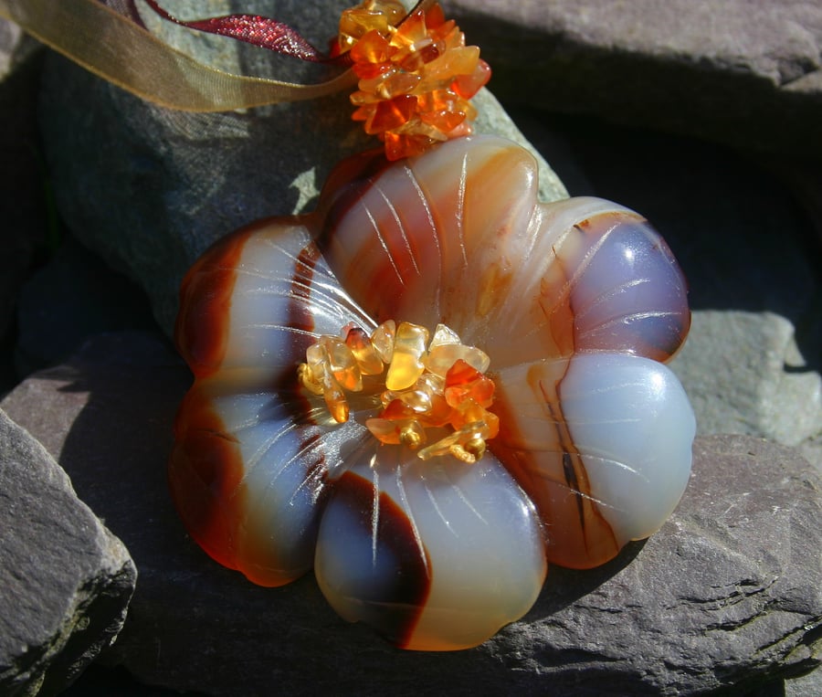 Sale 50% off. Stunning glass flower pendant strung on organza ribbon.