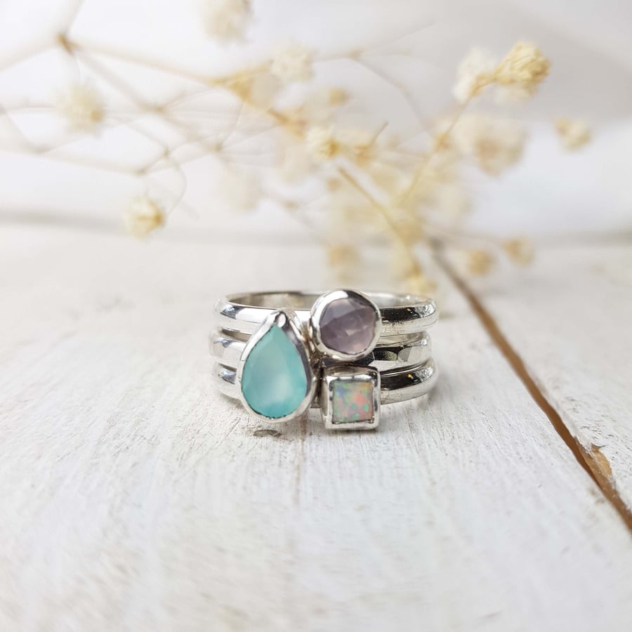Stacking ring set with sea blue agate, opal and rose quartz