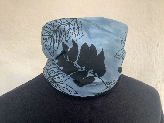 Handmade soft stretch snood scarf, lined blue and black ash leaf print,eco gift