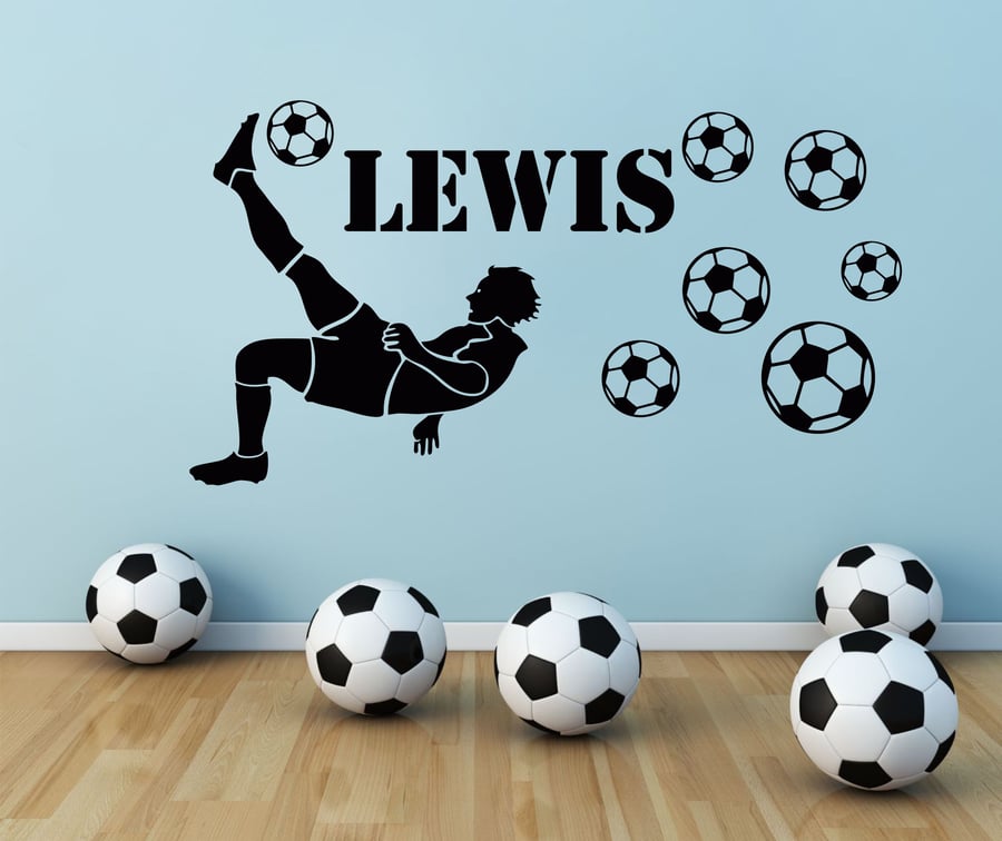Football Player Personalised Boys Name With Footballs Vinyl Wall Sticker Decal