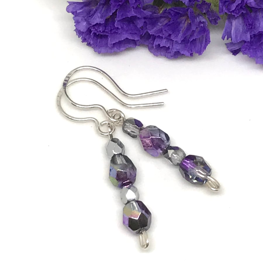 Purple Crystal Earrings, Sterling Silver, Gift for Her