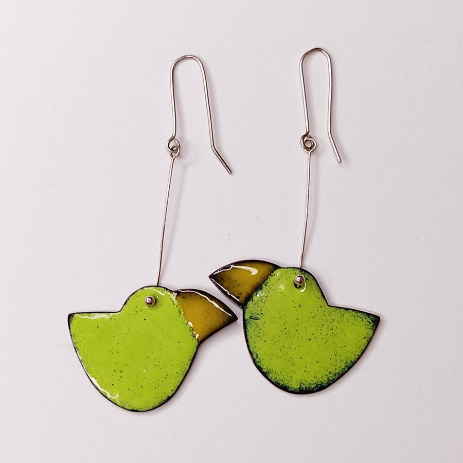 Bird earrings, parrots in copper and enamel, lime green