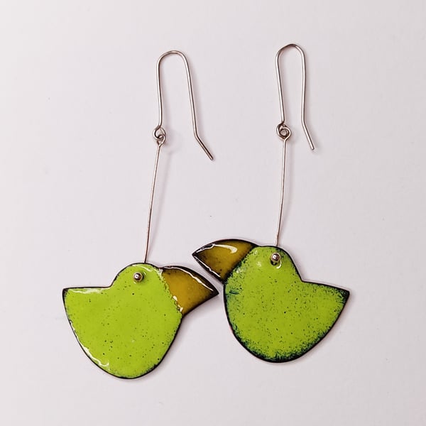 Bird earrings, parrots in copper and enamel, lime green