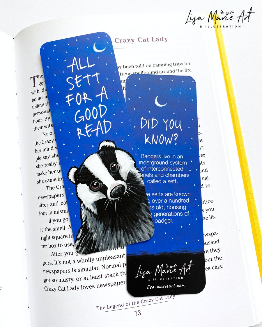 Badger & Moon Bookmark: "All Sett for a Good Read", 52mm x 148mm