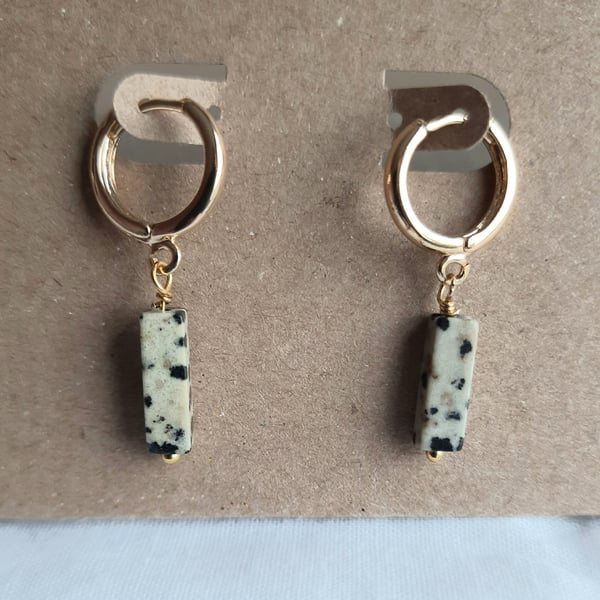 Dalmatian jasper gold hoop earrings