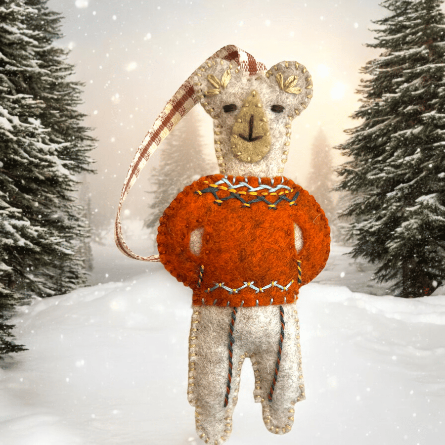  Bear Decoration in a Fairisle Rust Coloured Jumper