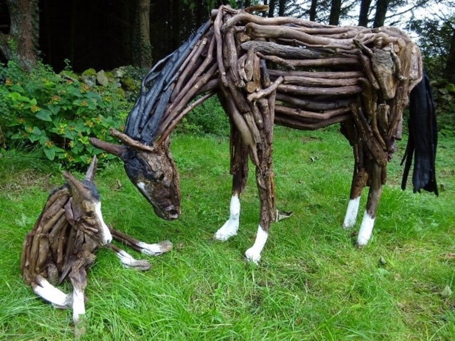 Mare and Foal Driftwood Pony Horse Garden Sculpture