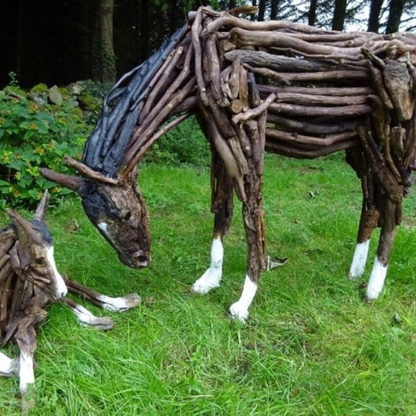 Mare and Foal Driftwood Pony Horse Garden Sculpture