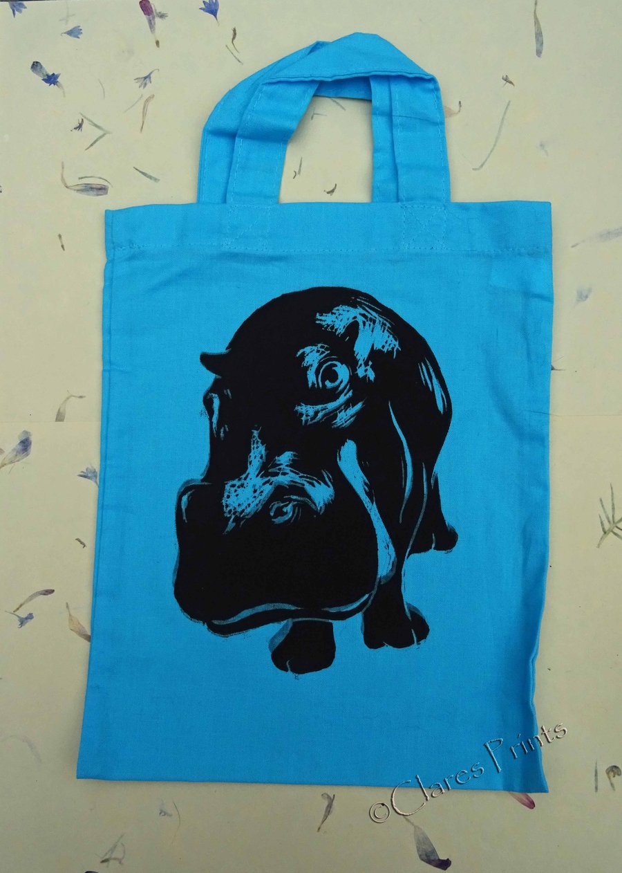 Sale Black Hippo Linocut Hand Printed Mini Tote Shopping Bag Children
