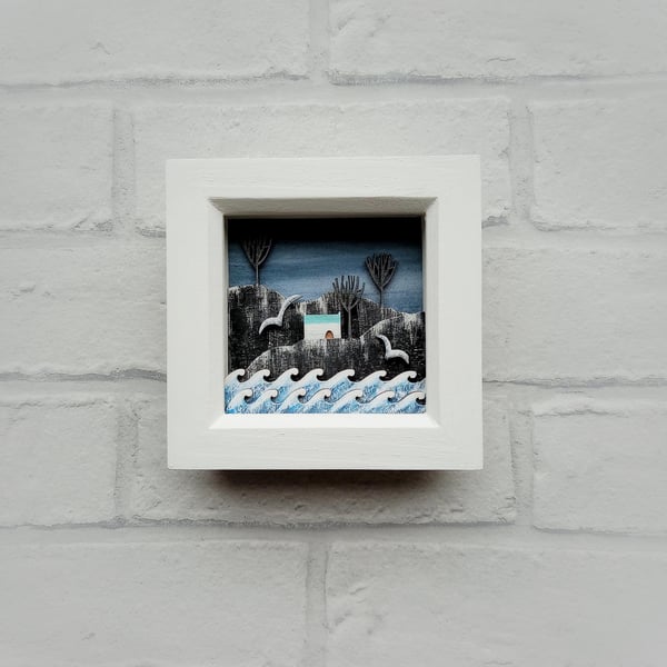 Cottage on the Cliff Picture, Coastal Diorama, Scottish Landscape Shadow Box