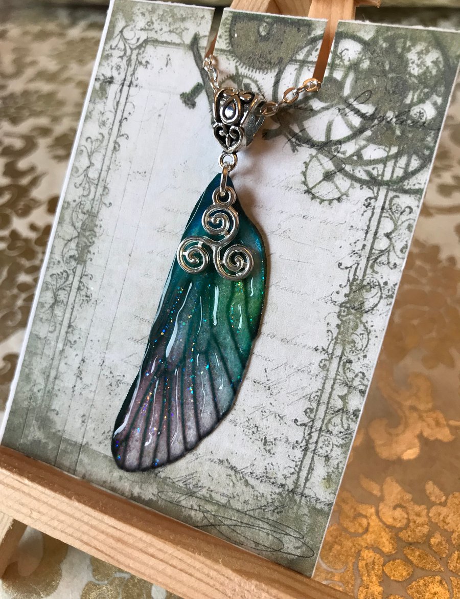 Blue and Green Triskelion Fairy Wing Necklace