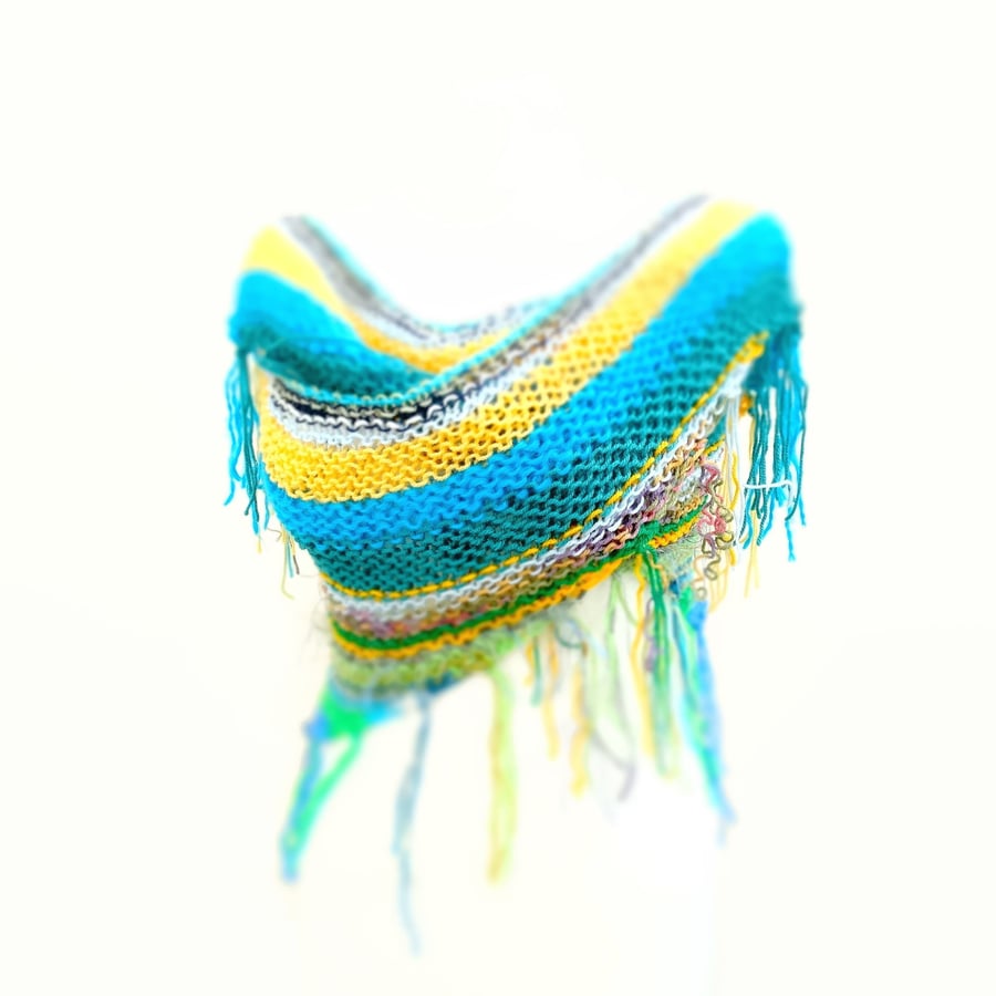 Shaggy Knitted Bohemian Shawl - Green Yellow