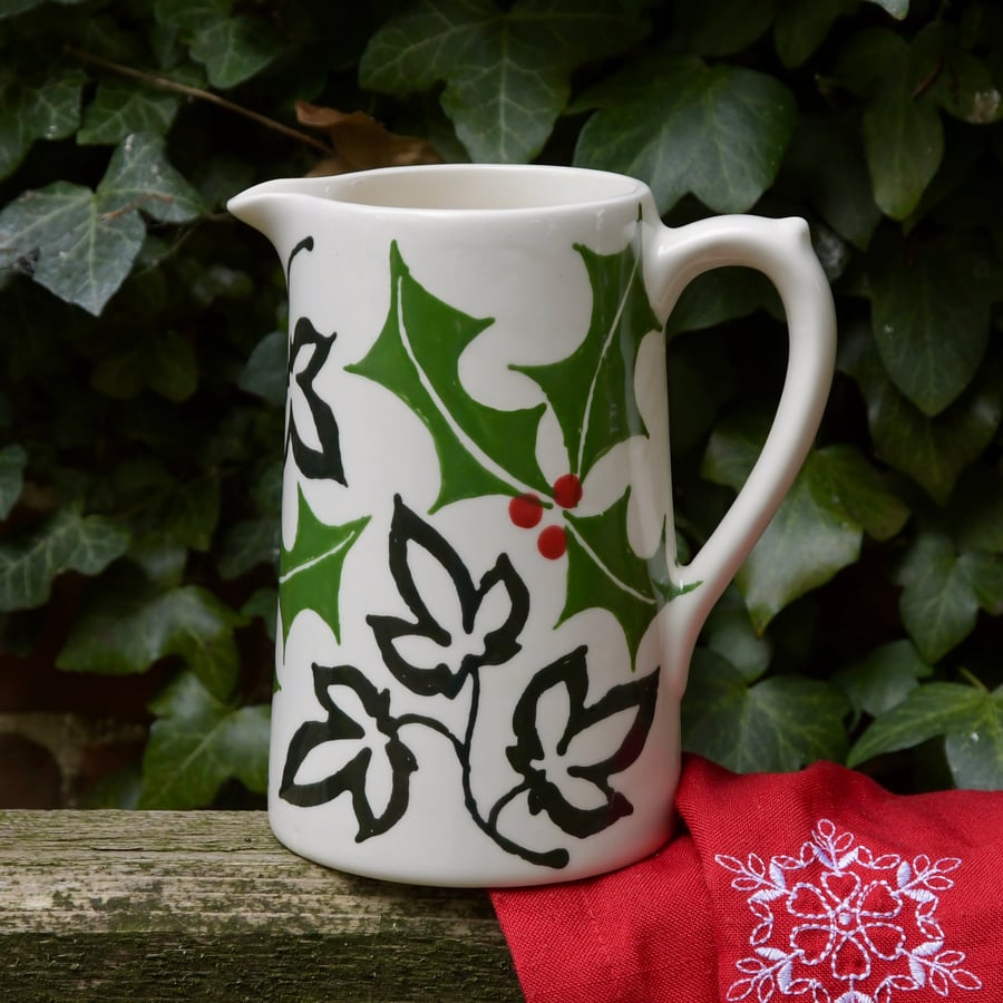 Christmas Holly and Ivy Farmhouse Jug - Hand Painted