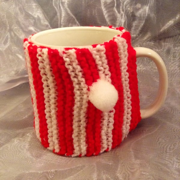 Red & white stripy knitted mug warmer