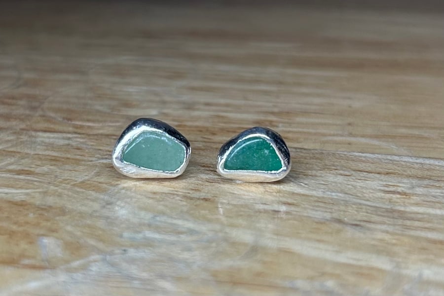 Handmade Sterling Silver Stud Earrings With Green Aventurine Gemstone Crystals