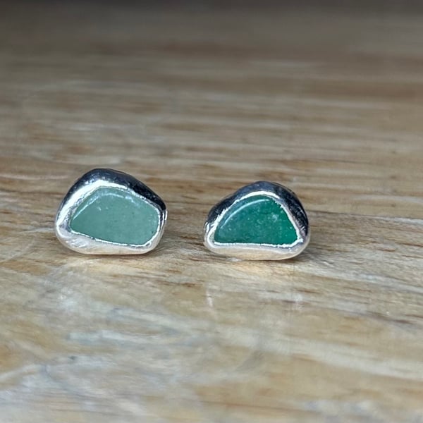 Handmade Sterling Silver Stud Earrings With Green Aventurine Gemstone Crystals