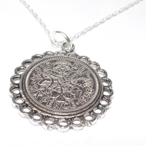Fine Pendant 1956 Lucky sixpence 70th Birthday plus a Sterling Silver 18in Chain