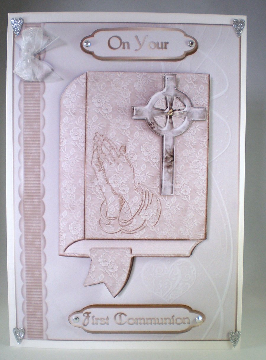 Holy Communion Decoupage Greeting Card ,praying hands,bible, Personalise