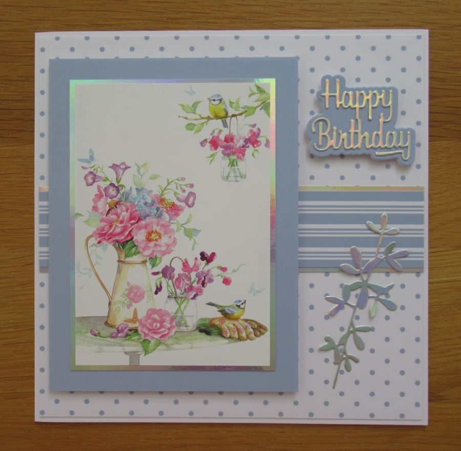 Bluetits & Flowers - Birthday Card - 19x19cm