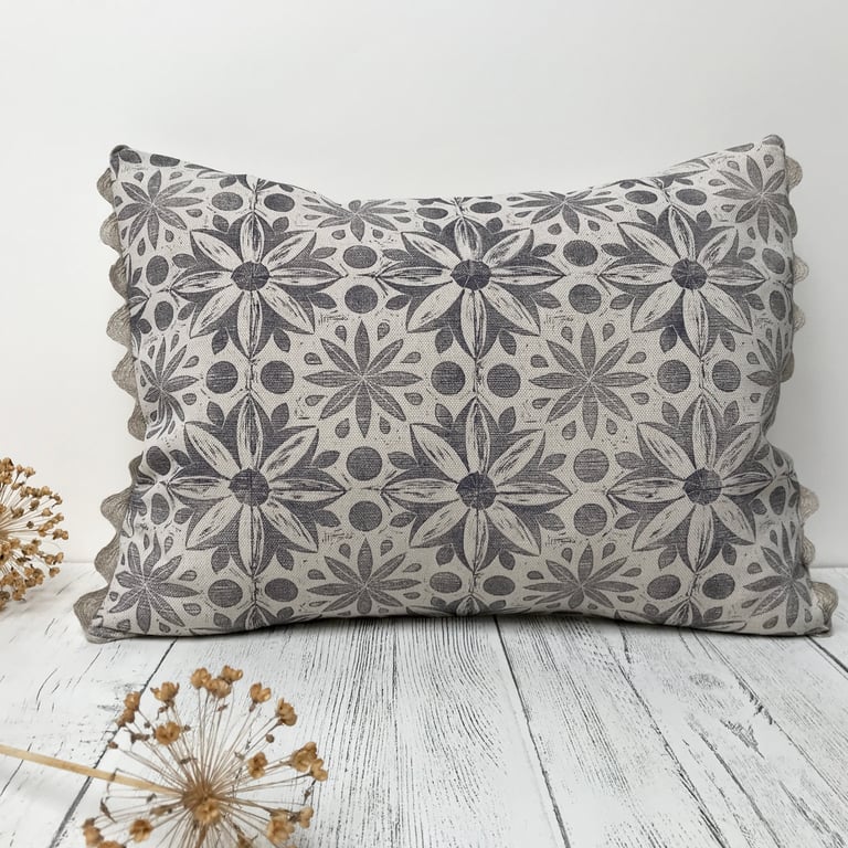 Hand Printed Linen Oblong Cushion - RUNA - Lavender