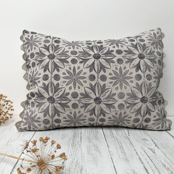 Hand Printed Linen Oblong Cushion - RUNA - Lavender