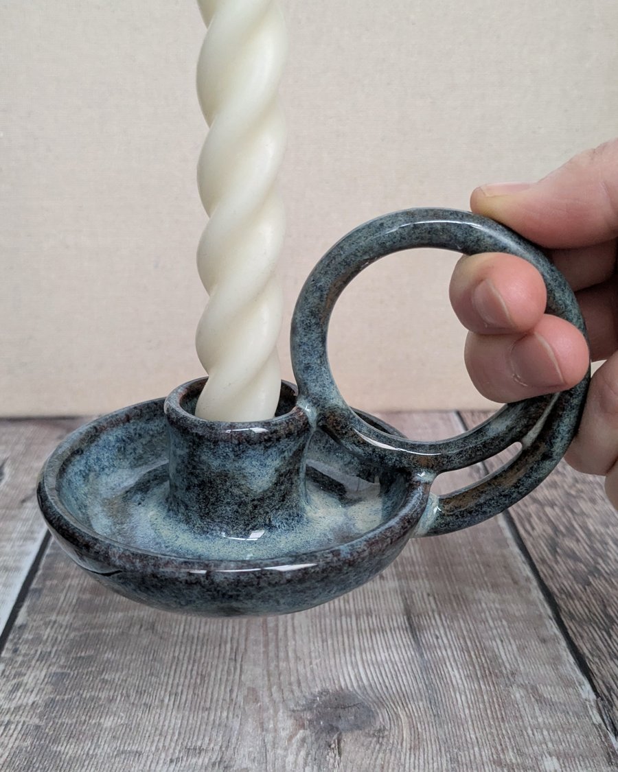 Perfectly imperfect Blue brown ceramic taper candle holder 