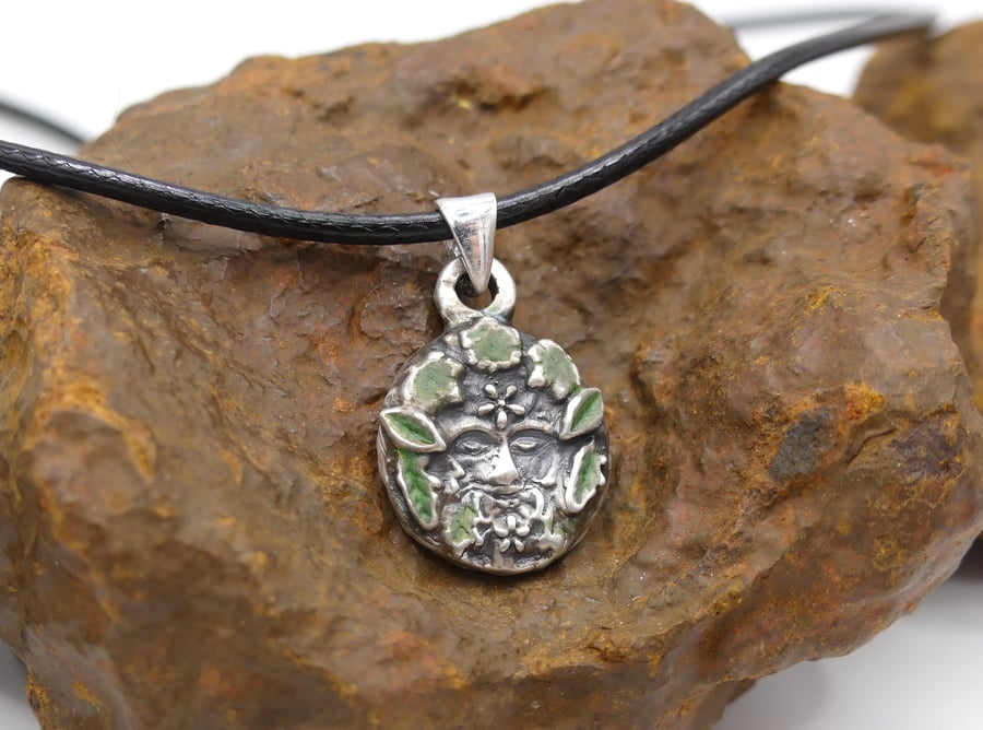 Recycled Sterling Silver Green Man Pendant Waxed Cotton Cord Necklace.