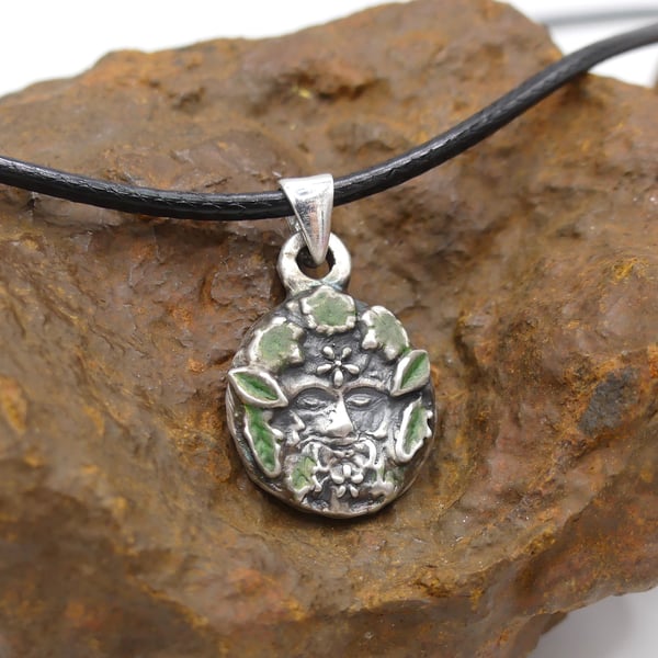 Recycled Sterling Silver Green Man Pendant Waxed Cotton Cord Necklace.