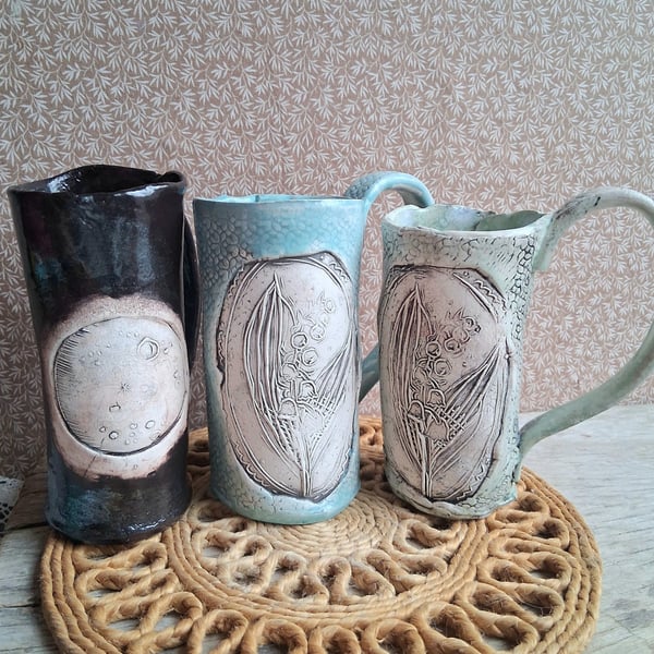 Skinny blue green lilly of the valley Coffee mug Ceramic handmade ready to ship