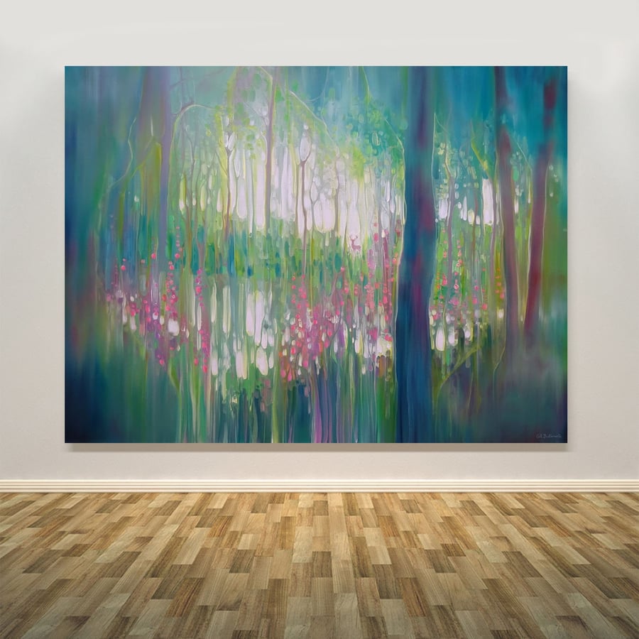The Discovery is a semi abstract green woodland view with hidden stag