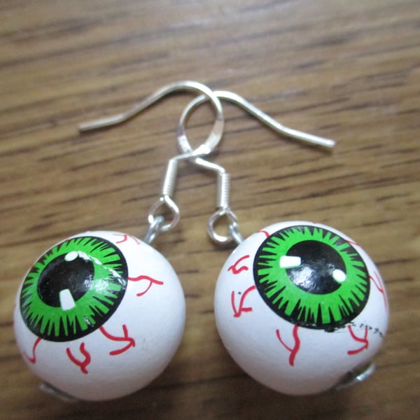 Pick-a-boo Gosh Scary Evil Green Eyes Wooden Paint Artful Stunning Earrings