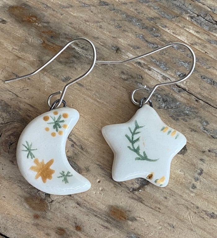 Dangly Earrings Handmade Mismatched Star and Moon ceramic