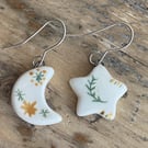 Dangly Earrings Handmade Mismatched Star and Moon ceramic