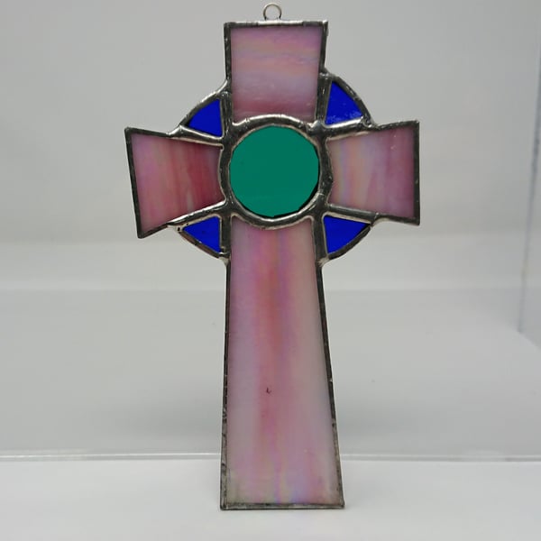 Scottish Celtic Cross stained glass suncatcher hanging decoration. 