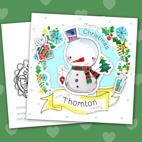 Mr Snowman Christmas personalised white square 6" linen card
