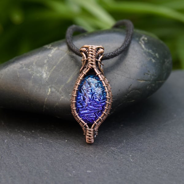 Copper Wire Wrapped Blue Dichroic Glass Pendant