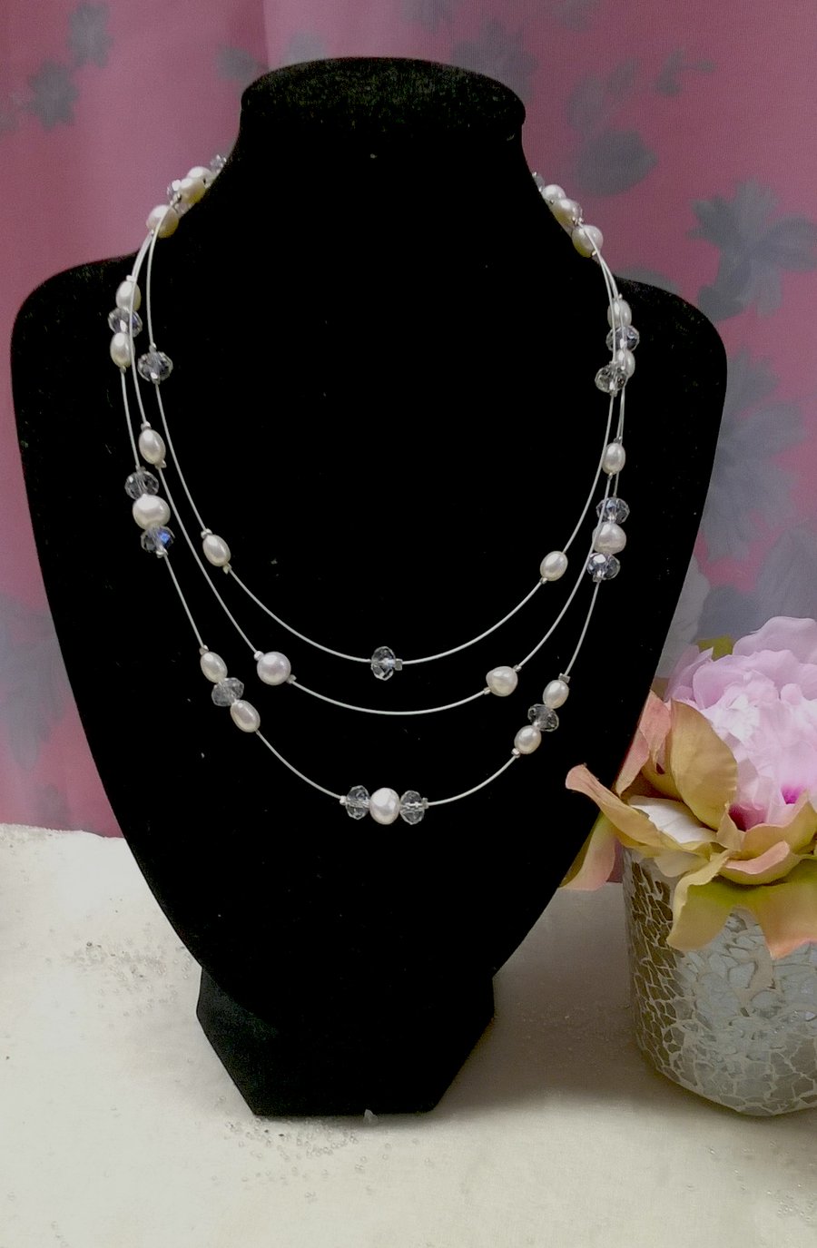 3 strand Ivory Freshwater Pearl & Crystal Floating necklace