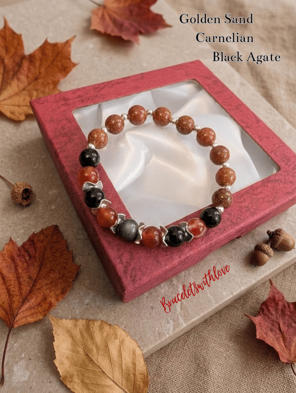 Autumn Harmony Gemstone Bracelet – Sunstone, Carnelian & Black Onyx 