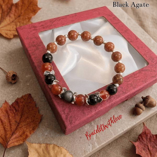 Autumn Harmony Gemstone Bracelet – Sunstone, Carnelian & Black Onyx 