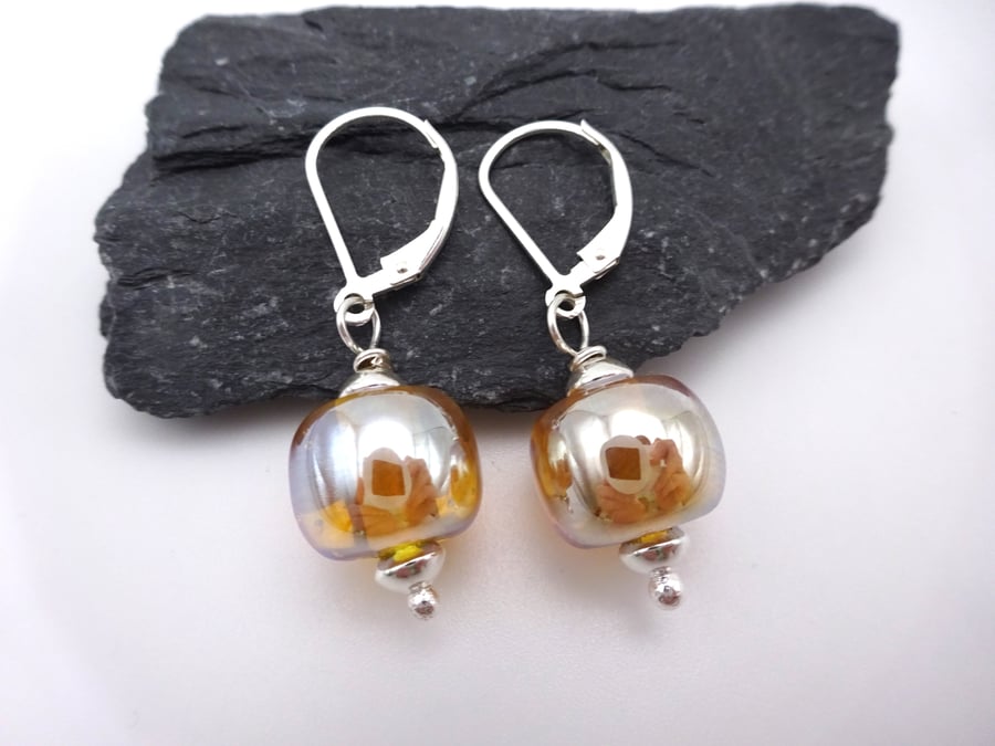 gold lampwork glass lever back earrings
