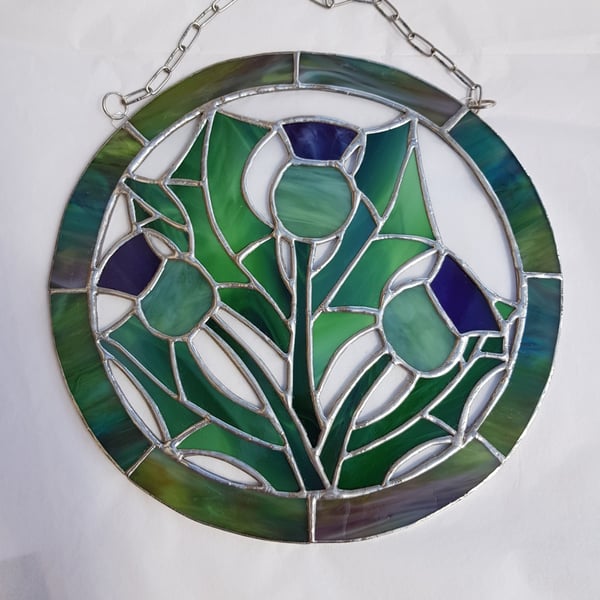 397 Stained Glass Trio of Thistles - handmade hanging decoration.