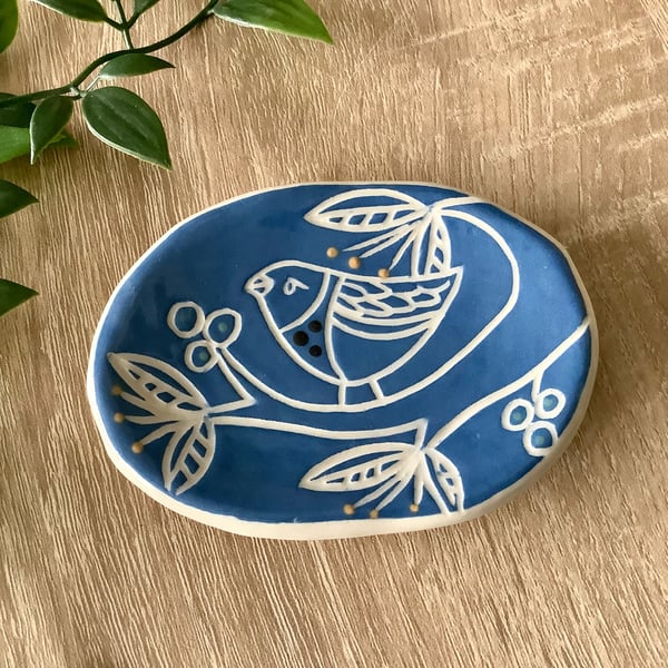 Handmade stoneware blue bird trinket jewellery dish