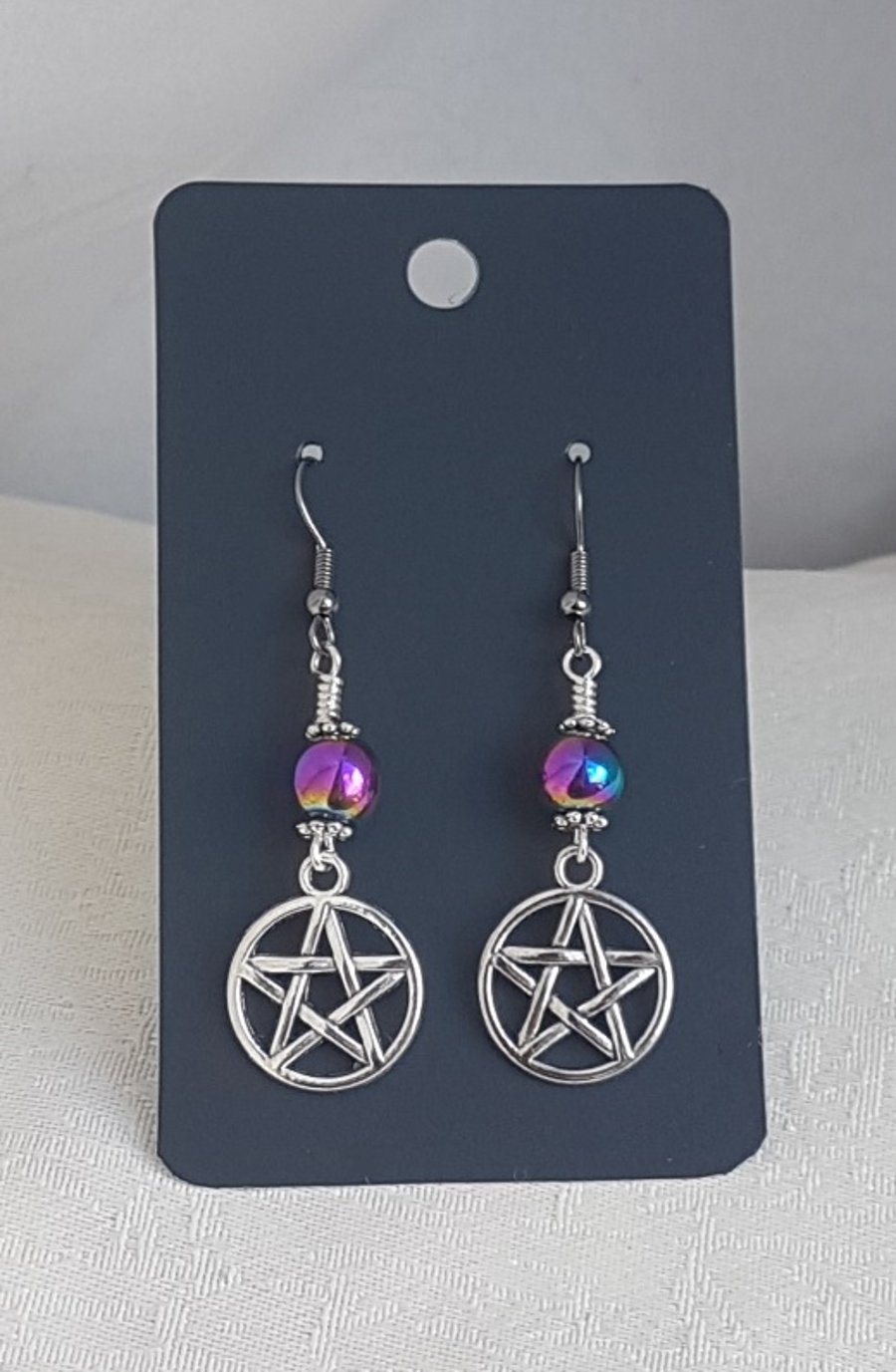 Pentacle Earrings with Rainbow Haematite Beads - Gun Metal Ear Wires
