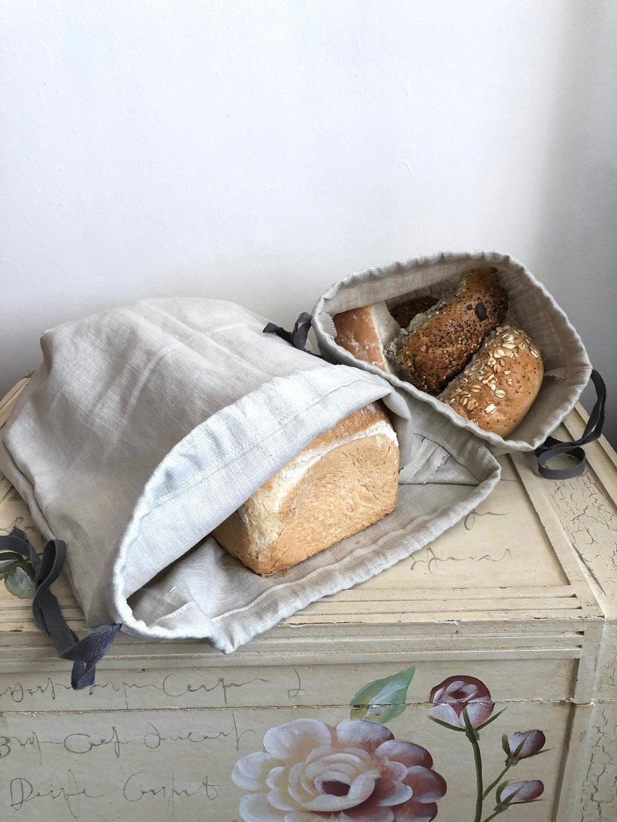 Pure linen large drawstring bread bag with wheat drawstring