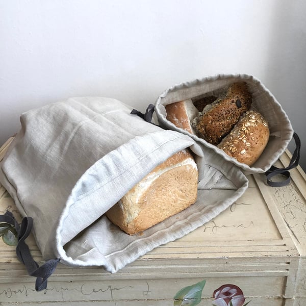 Pure linen large drawstring bread bag with wheat drawstring