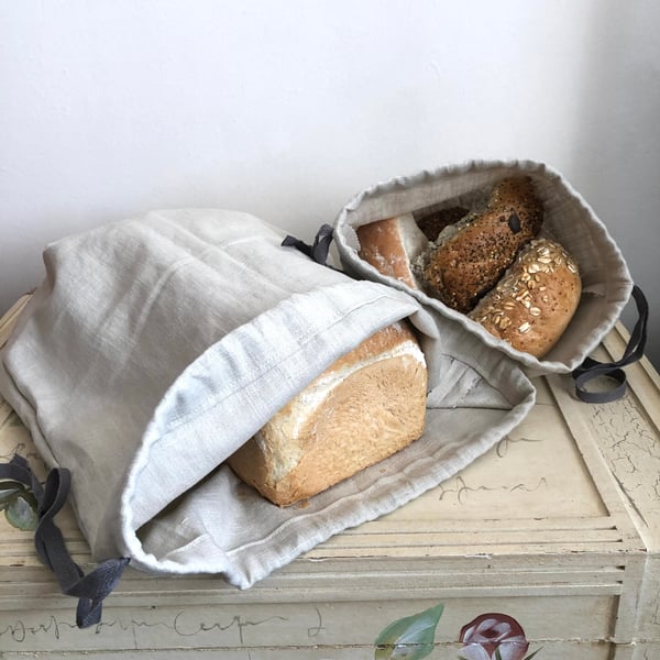 Pure linen large drawstring bread bag with taupe drawstring