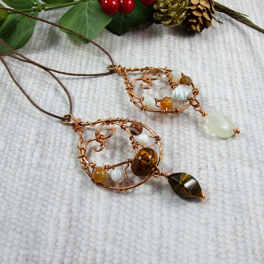 Image of Copper Hanging Decorations with Bronze and Silver Glass and Gemstone Beads