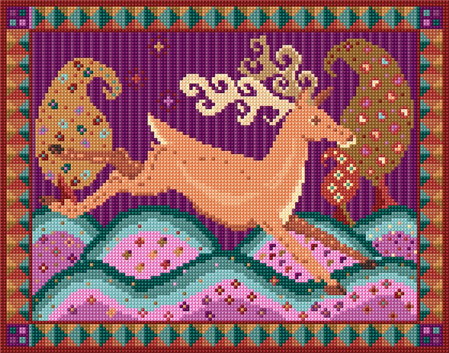 Running Stag Tapestry Kit, Purple, Charted Needlepoint Pillow, Picture, Traquair
