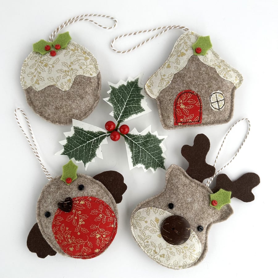 Set of 4 Felt Christmas Decorations, Hanging Decorations