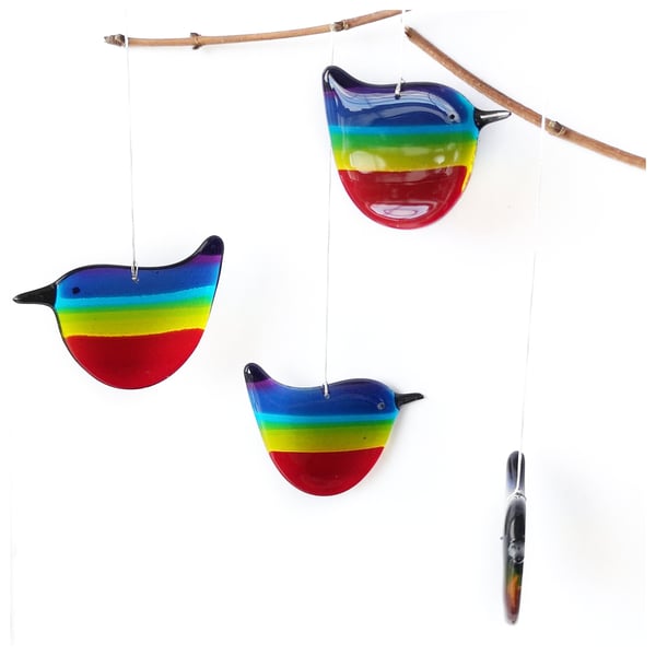 small fused glass 'Rainbow Wren of Hope' bird with a purple back